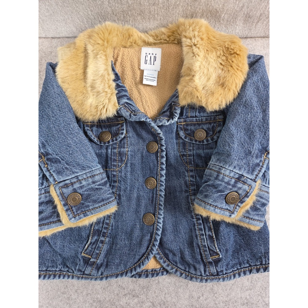 Baby Gap Girls 3-6 Mos Vintage 2008 Denim Jacket Faux Fur Lined Trucker Boho Y2K